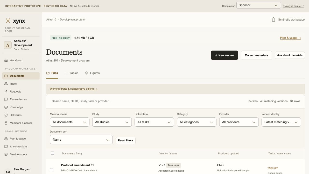 Documents view in the synthetic Data Room prototype